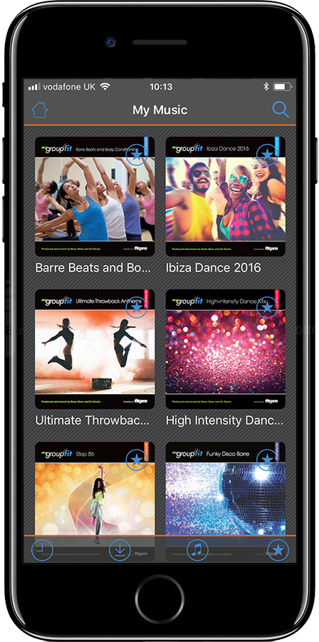 Screenshot of MyGroupFit App music library screen